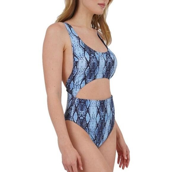 New Rachel Rachel Roy Desert Snake Cut Out One Piece Swimsuit Blue Reptile Sz L - Picture 2 of 10